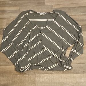 Striped V-Neck Button Front Blouse in Gray and White